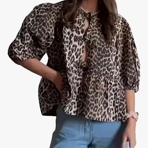 Womens size XL Tie Front Y2k Leopard Print Peplum Babydoll Puff Sleeve Coquette